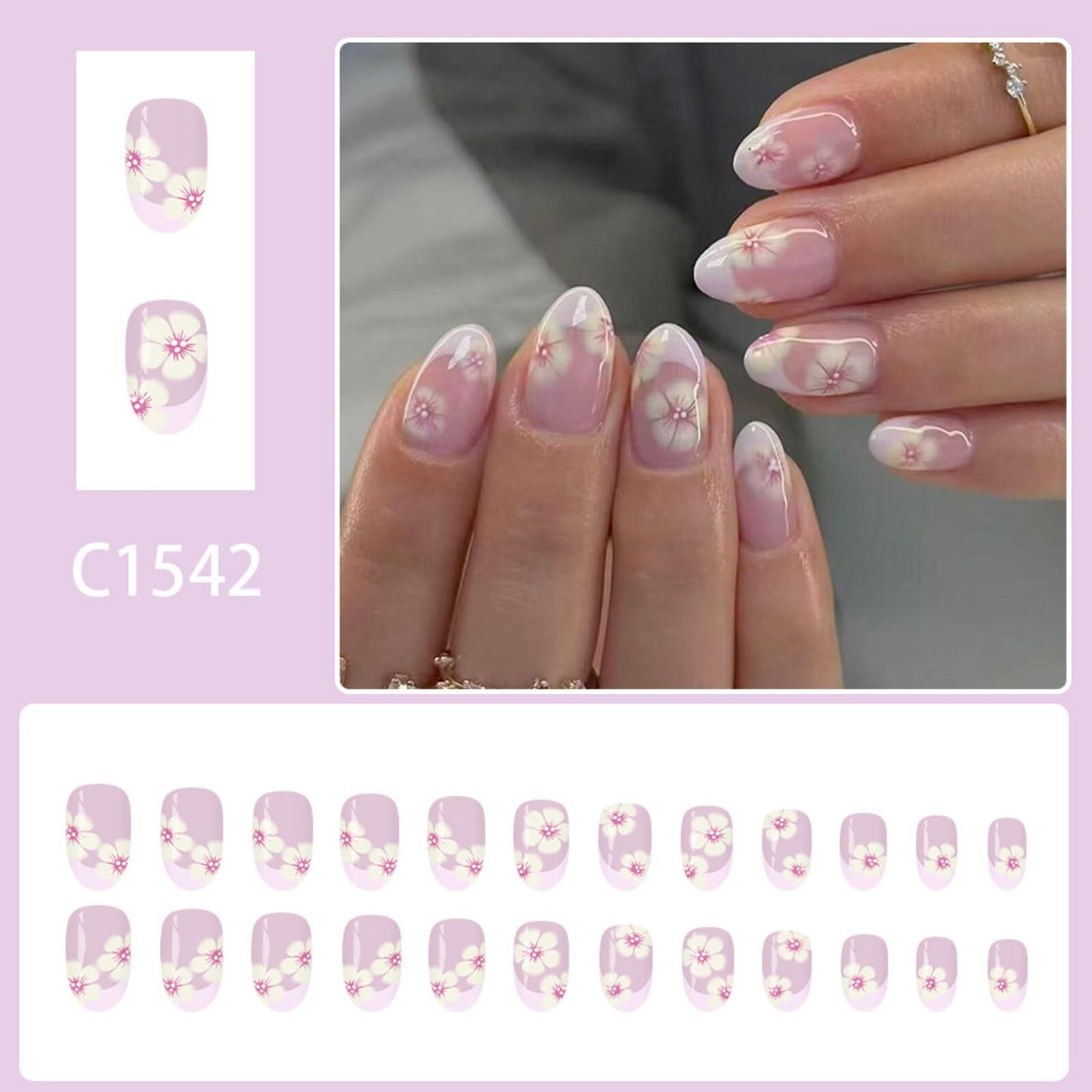 Short Almond Press on Nails Soft Pink Gradient Base Delicate Cherry Motifs Shiny Surface Gentle Fresh Manicure Stick on Nails Artificial Nails Suitable for Elegant Cute Stylish Charming Pretty 24 Pcs