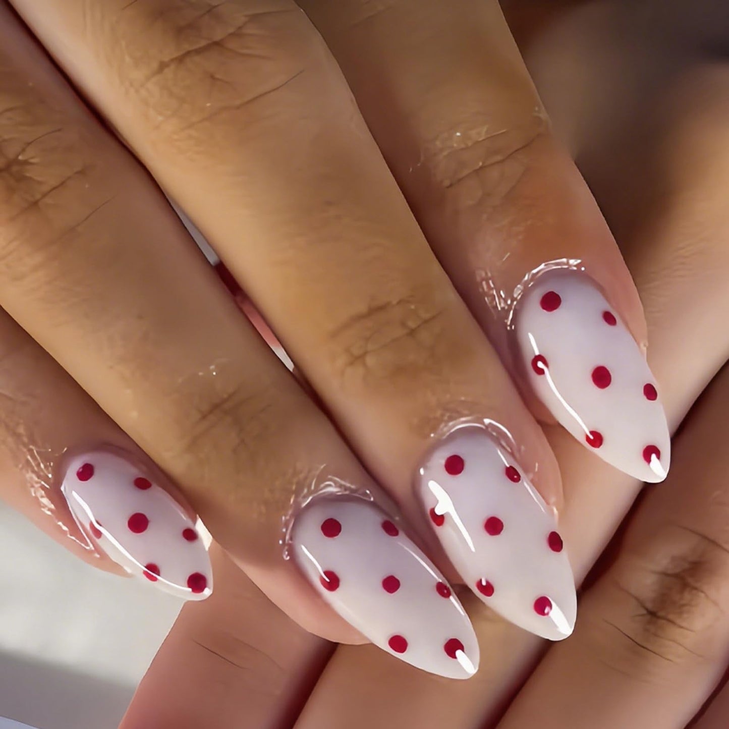 IMSOHOT Press on Nails Almond Medium Fake Nails with Red Polka Dot Designs Full Cover White Acrylic Glue on Nails Gel Artificial False Nails