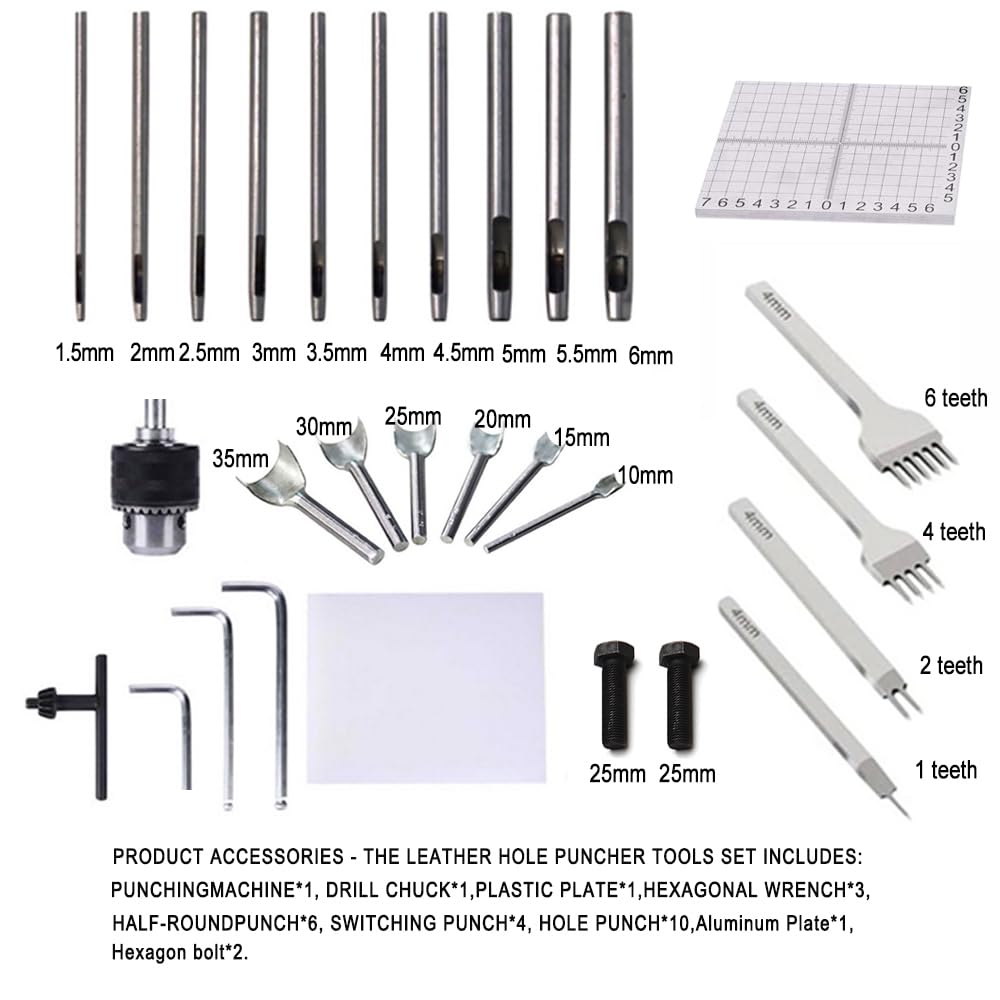 GUILOPOER Leather Hole Puncher Hand Punching Machine Manual Press Puncher Punch Tools for DIY Craft (with Chuck, PP Plate and 20 pcs Tools and Aluminum Plate for Leather DIY Craft)