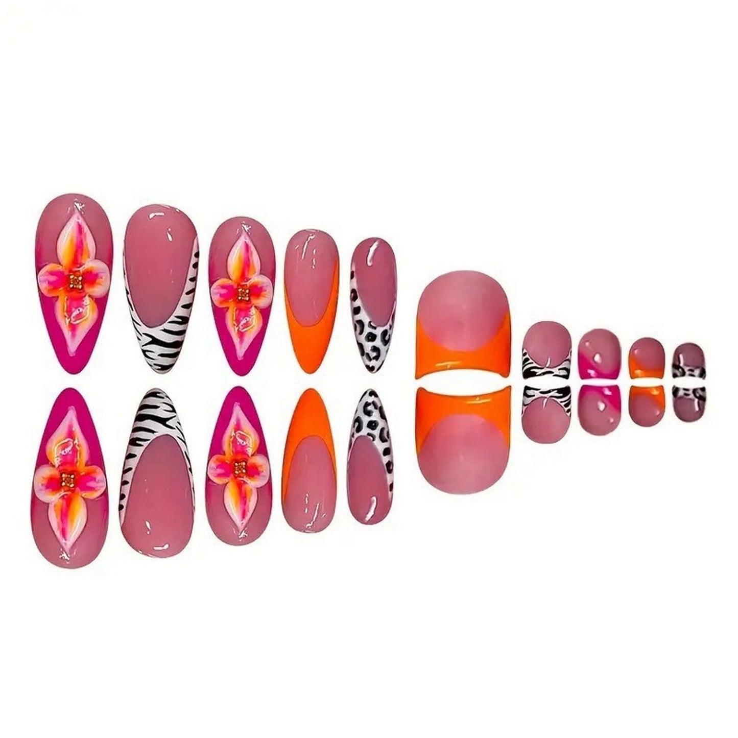 48 Pcs Flower Press on Nails Almond Medium & Press on Toenails Set Orange French Tip Fake Nails with 3D Floral Design Square Short False Toe Nails Kit Glossy Full Cover Acrylic Nails for Women