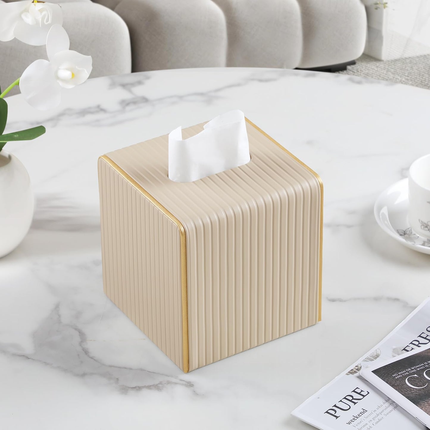 Square PU Leather Tissue Box Cover with Magnetic Closure, Decorative Tissue Holder & Storage Container for Bedroom, Living Room, Dining Room, Bathroom, Countertop, Desk & Office (Beige)