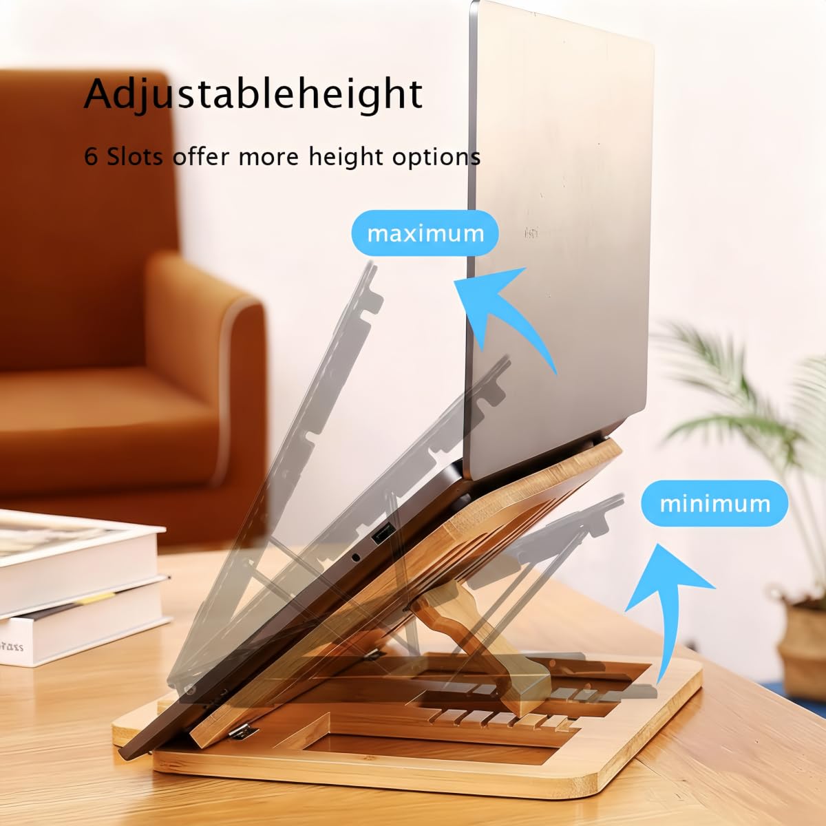 XIKEMADI Bamboo Foldable Laptop Stand Holder, 6-Level Adjustable Ergonomic Notebook Riser with Heat Dissipation for 10-17 Inch Laptops, MacBook, Tablet