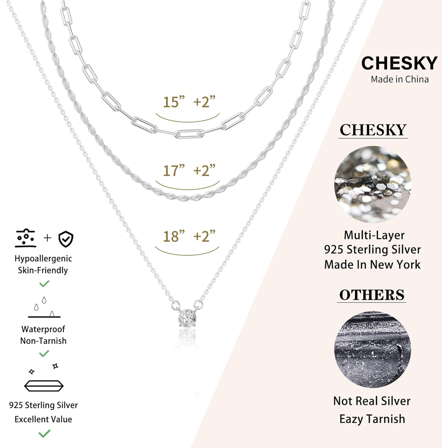 CHESKY Layered Necklaces for Women Trendy, Silver Plated Dainty Stacked Necklace Simple CZ Diamond Pendant Necklaces Waterproof Silver Necklace Stack Adjustable Cute Jewelry Set for Women