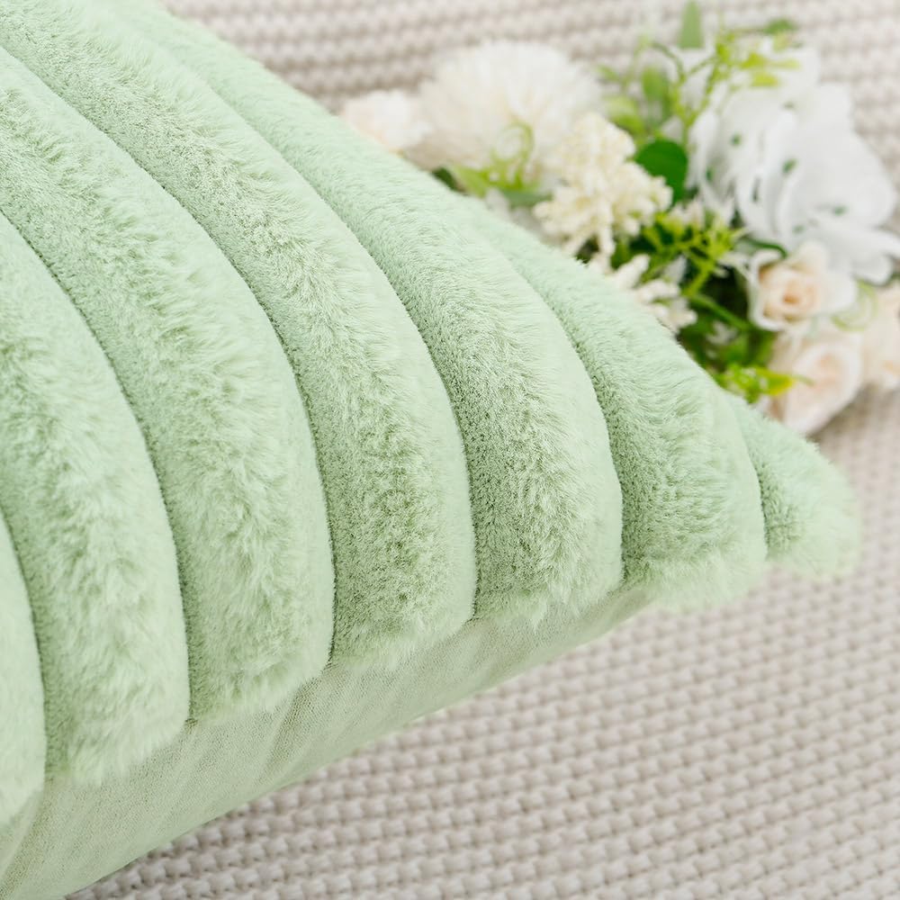 MADIZZ Set of 2 Faux Wool Plush Decorative Throw Pillow Covers 16x16 Inch Light Green Fluffy Striped Soft Decorative Cushion Cover for Sofa Bedroom Pillow Shell