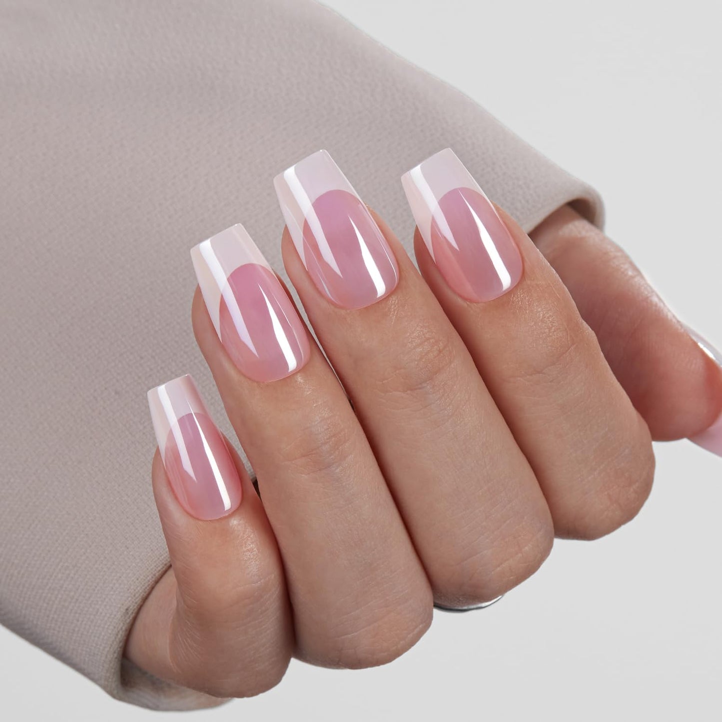 VSALON Press on Nails Short Coffin - Pink French Tips Glazed Chrome Fake Nails Kit, Long-Lasting & Reusable Opaque Soft Gel Spring Nails with Glue & Cuticle Oil