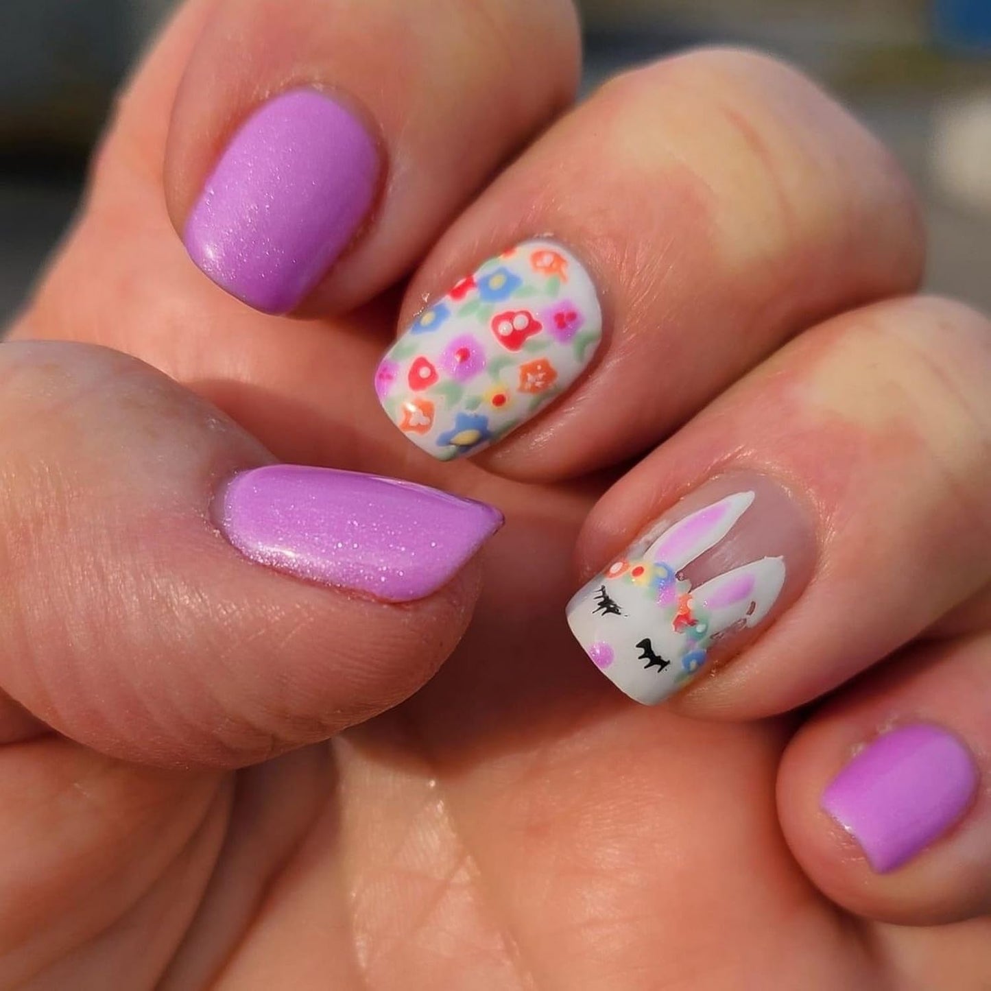 24pcs Easter Press on Nail Short Square Fake Nails with Flower designs Cute False Nails Glossy Purple Press ones Bunny Stick on Nail Full Cover Spring Acrylic Glue on Nails for Women Decor