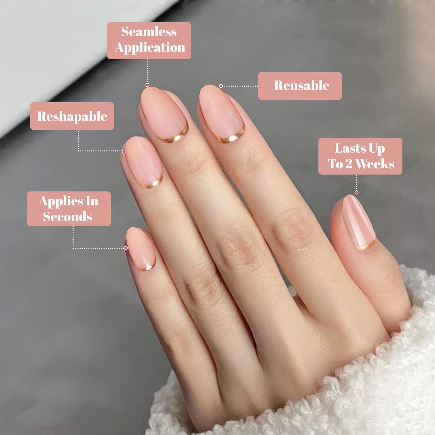 Yibosoar Press On Nails - Glossy, Short Round Fake Nails, Salon Quality | Semi-Transparent Reusable Press On Nails in 15 Sizes - 30Pcs Stick On Nails Kit (Gold Pink)