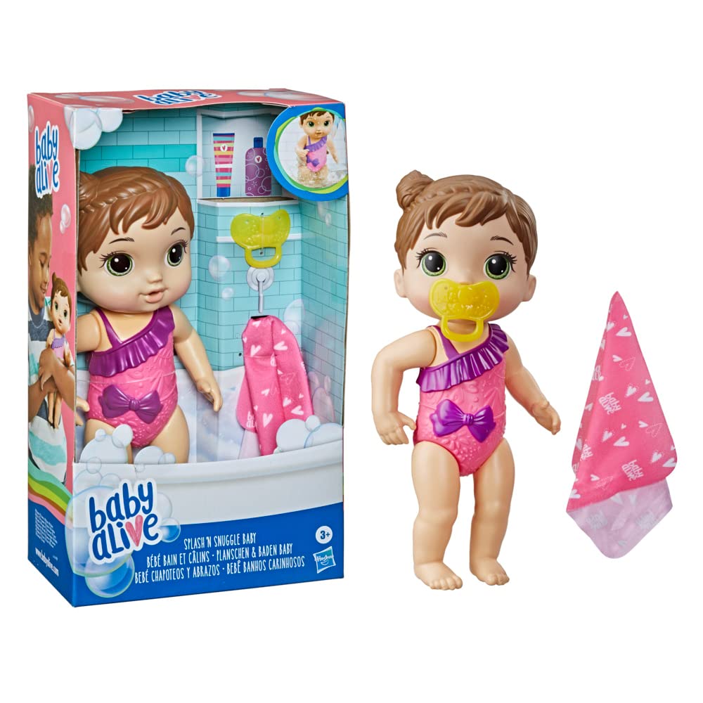 Baby Alive Splash'n Snuggle Baby Brown Hair Doll for Water Play, with Accessories