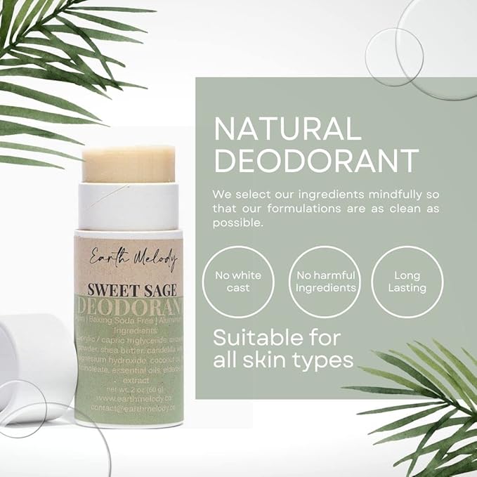 Earth Melody Natural Deodorant Baking Soda Aluminum Free - 24 Hour Odor Protection Plastic-free package, Set of 2 Sweet Sage Scented - NEW PACKAGING AND SIZE UPGRADE