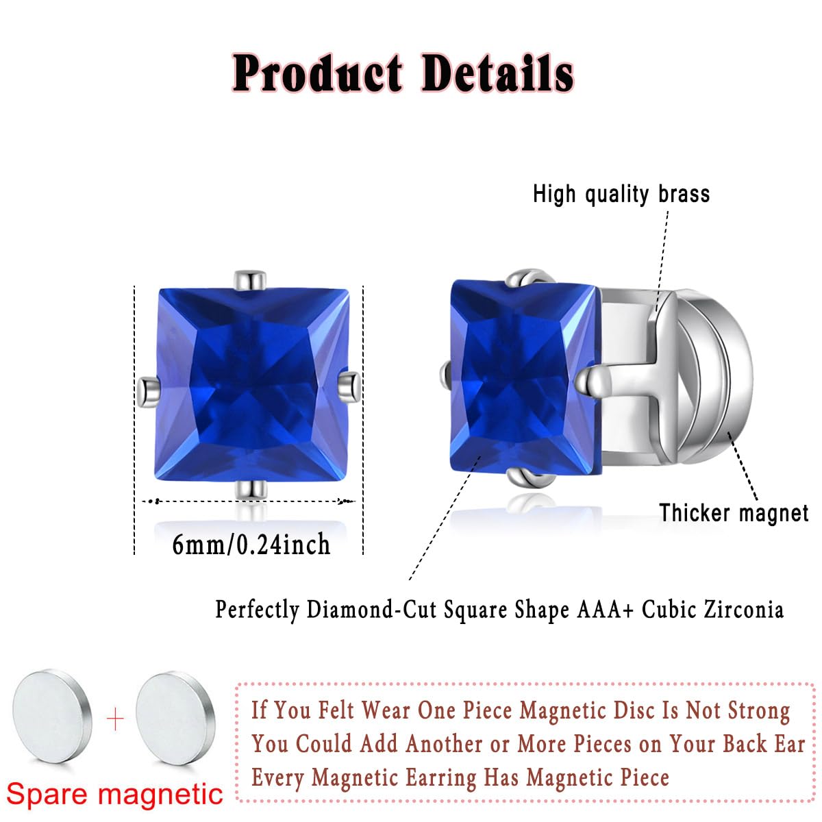 Spiritlele 12 Pairs Birthstone Magnetic Earrings Set Cubic Zirconia Clip on Non Piercing Fake Stud Earrings Birthday Gifts Unisex (Square)