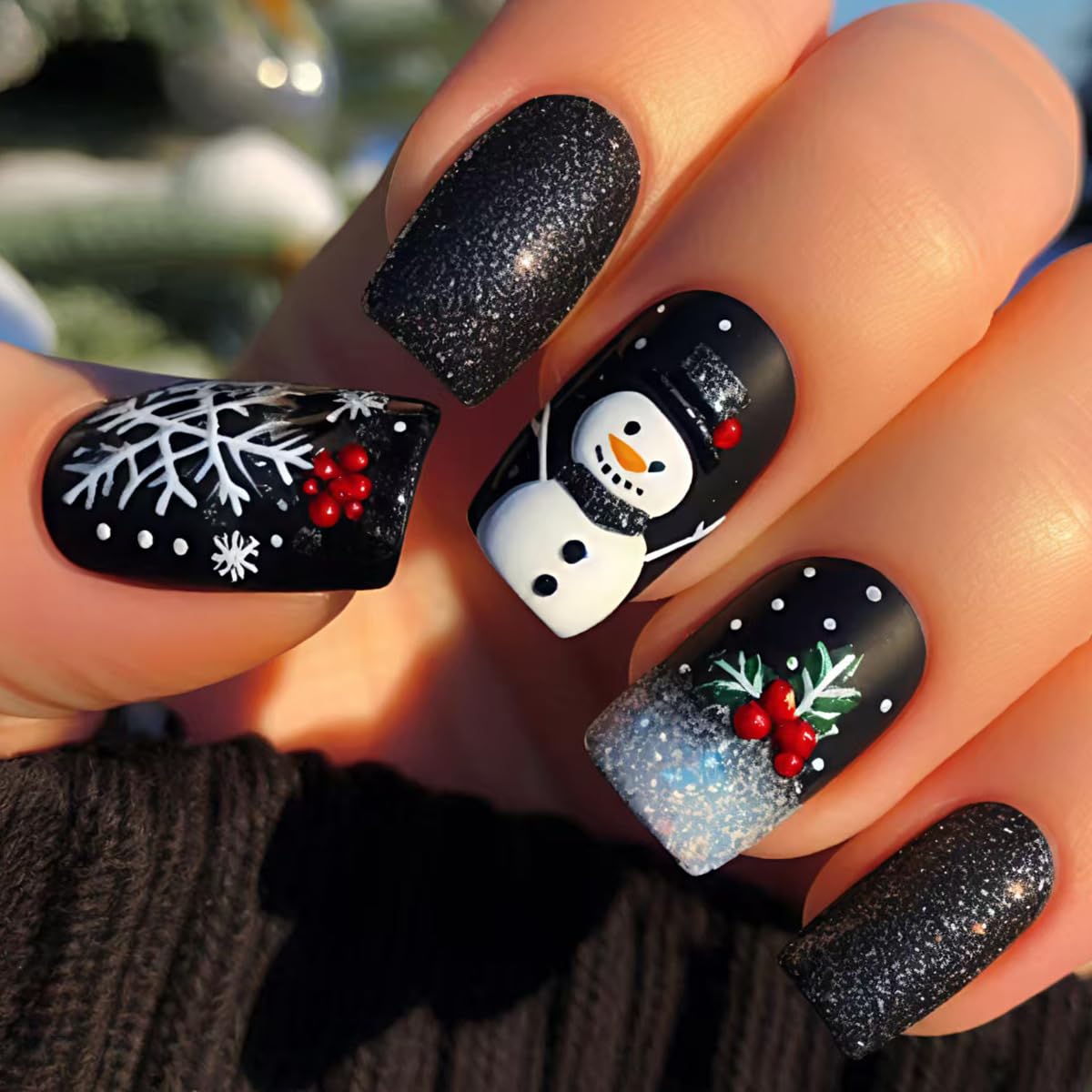 24Pcs Christmas Press on Nails Short Christmas Tree Fake Nail with Snowman & Snowflake Designs Blue Tip Xmas Nails Press ons Full Cover Glossy False Nails for Women