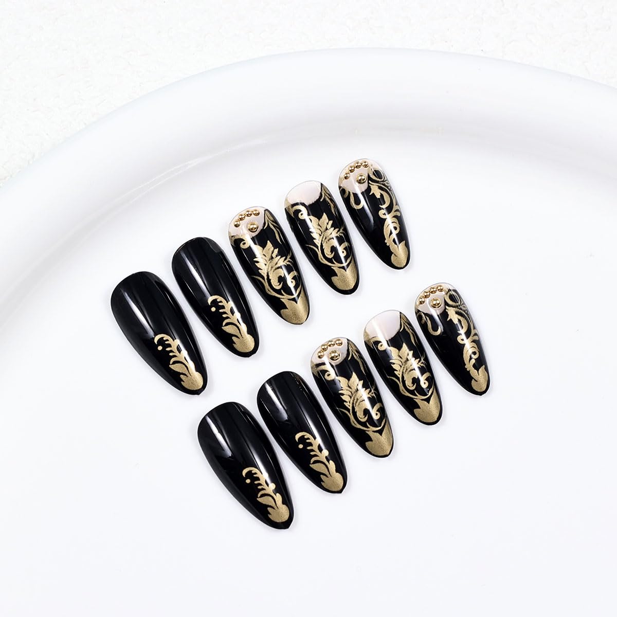 Luxurious Black and Gold Baroque 24Pcs Long Stiletto Shape, 3D Golden Filigree & Rhinestone Accents – Elegant Gothic Victorian Style False Nails, Reusable