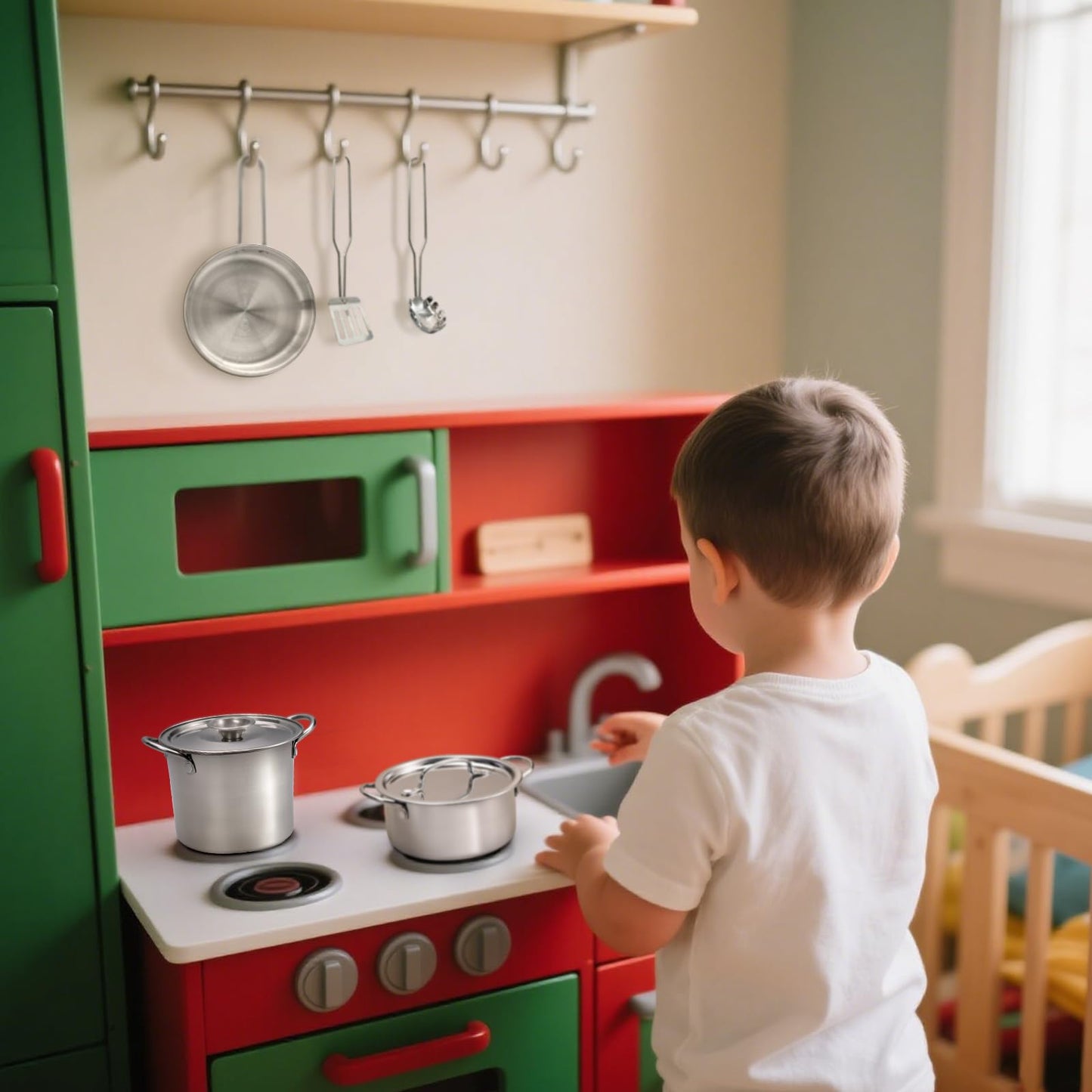 13Pcs Kids Pretend Play Kitchen Accessories Pots and Pans Playset, Stainless Steel Pots and Pans Cooking Utensils in Draining Caddy Kitchen Toy Set Accessories for Kids Toddler Age 3 Years Old