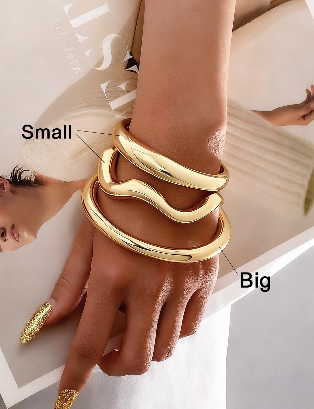 Chunky Gold Bangle Bracelets for Women, Dainty 14k Gold Plated Big Stackable Bangles Set, Trendy Statement Cuff Bracelet Stack Fashion Jewelry Gifts (Gold wave bangles)