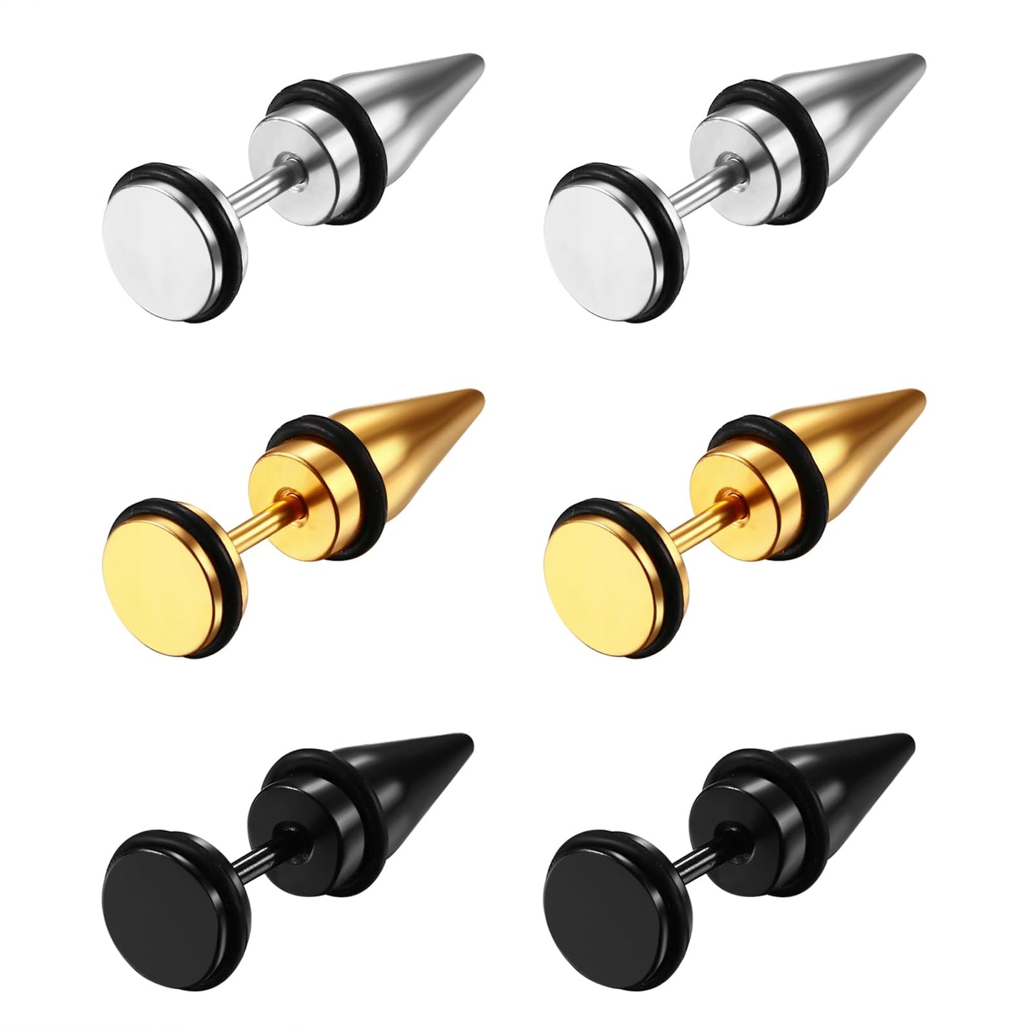 Aroncent 3Pcs Men's Stainless Steel Fake Illusion Tunnel Cheater Piercing Jewelry Spike Stud Earrings Set