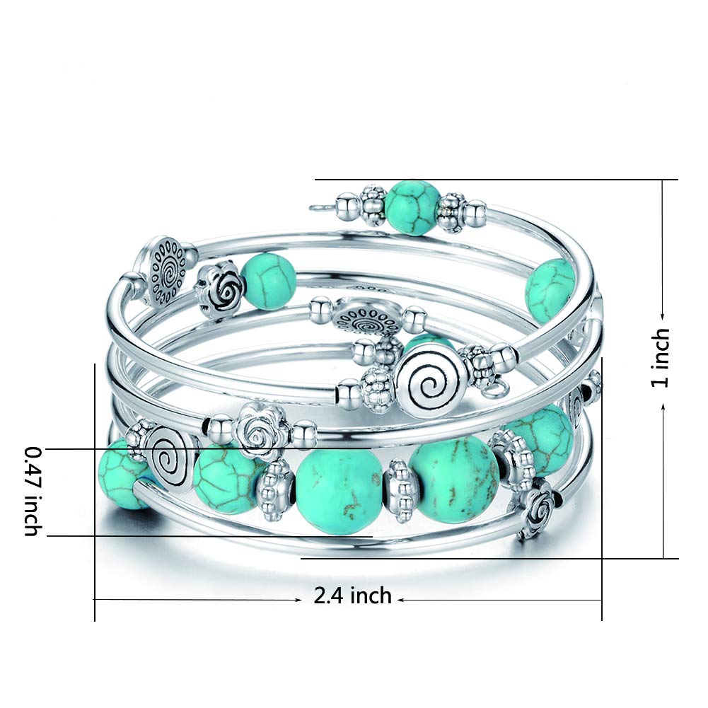 BULINLIN Bead Wrap Bangle Pearl Bracelet - Silver Metal Bracelet Gifts For Women(02-Turquoise)