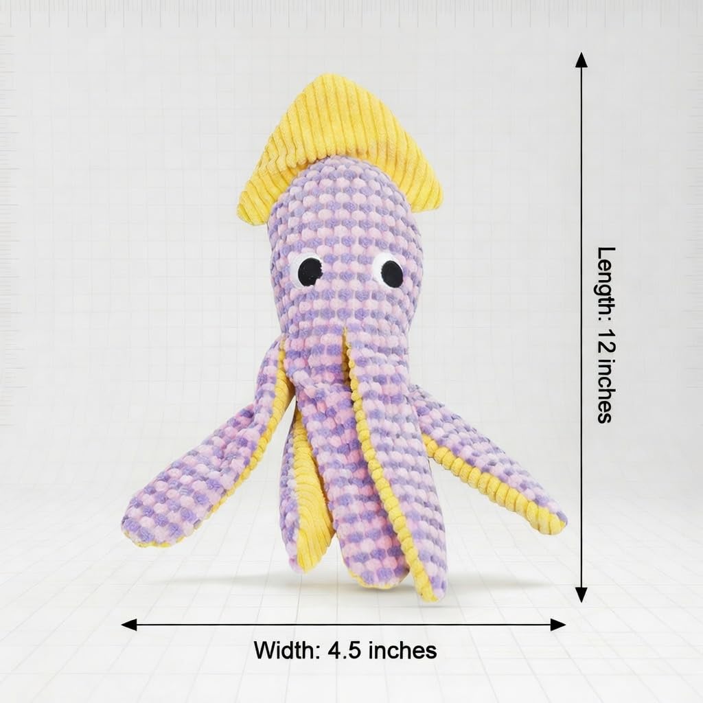 Paw-FECT Piece Soft Plush Squid Dog Toy, with Interactive Squeaker, Crinkle Legs and Fin, Great Companion and Emotional Support Durable Chew Toy, Breeds and Size Dogs