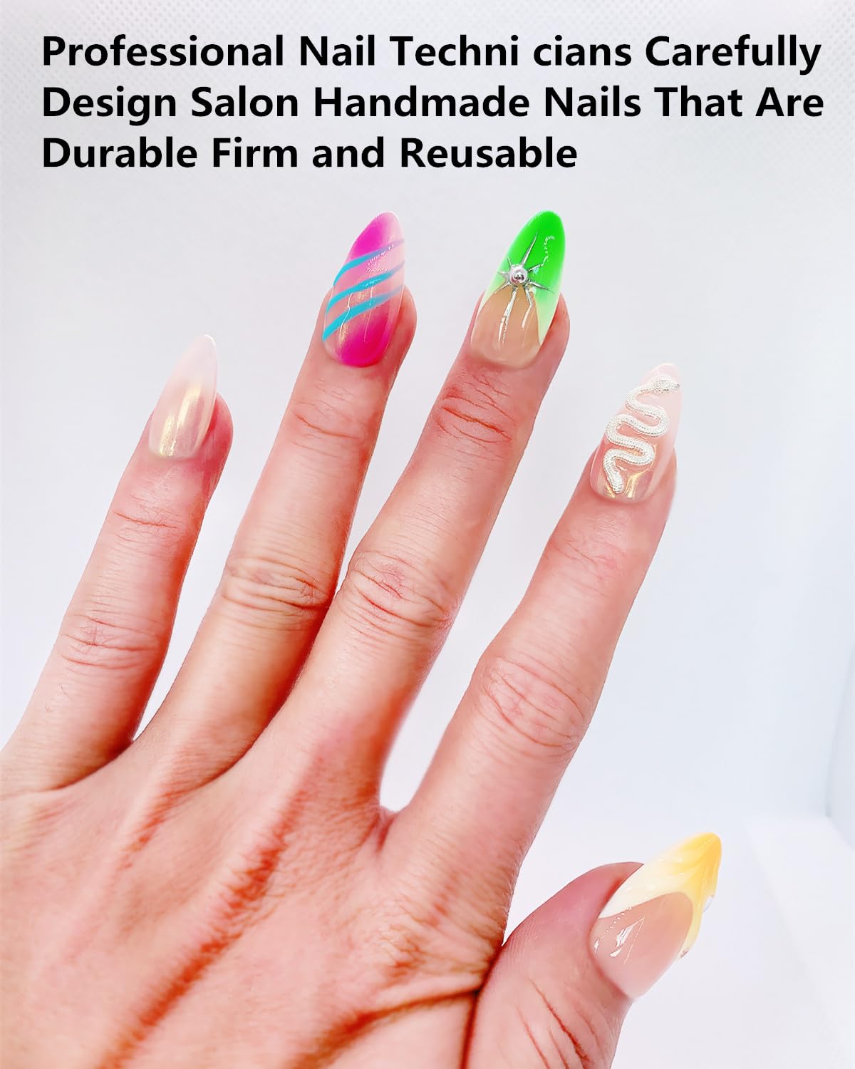 CAMILCY Handmade Nails Press on Long pointed tip Pink Hand Painted Reusable Gel UV Finished Pre Shaped False Nails for Women 10pcs 3D Glitzadora Handmade Nails (A139, L)