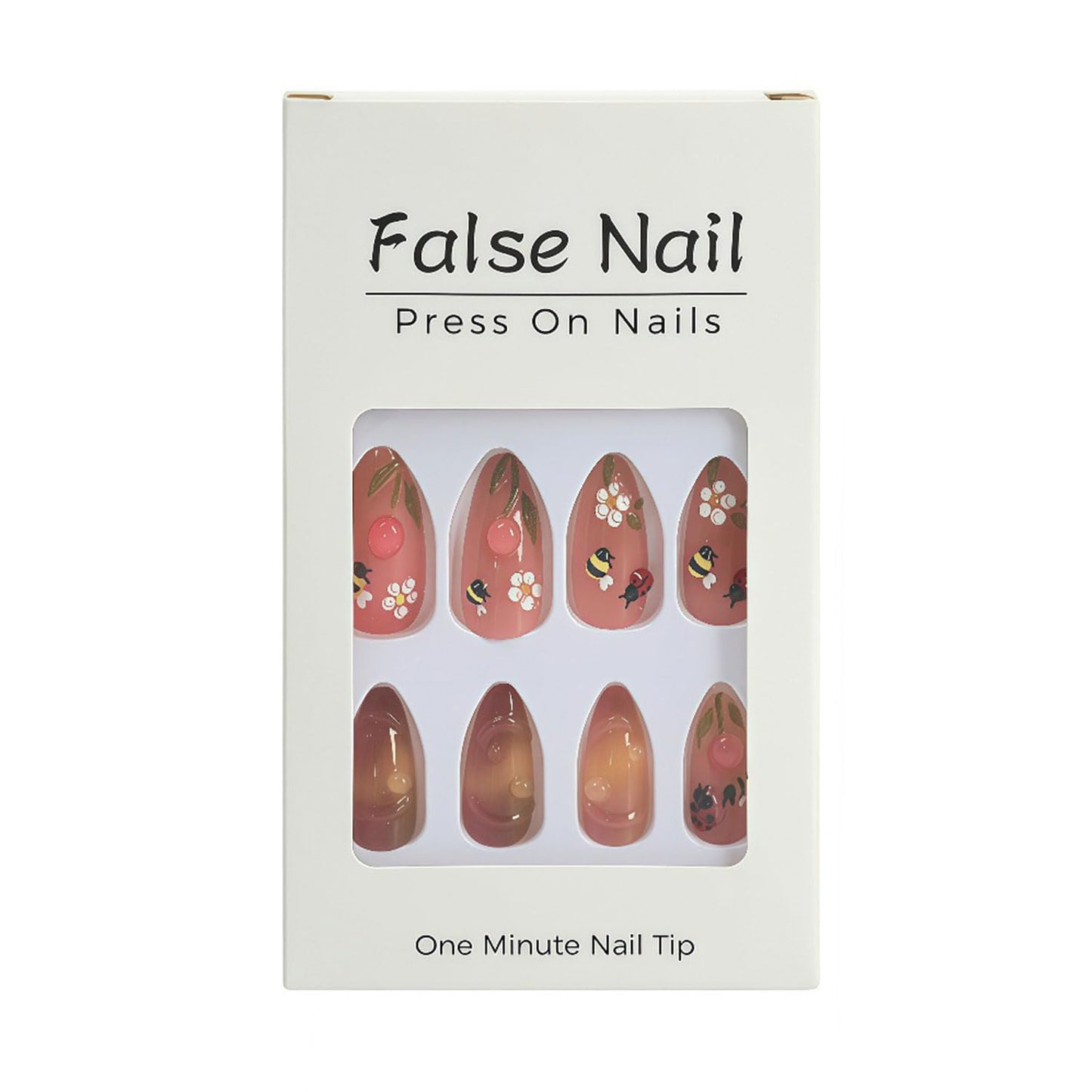 24 Pcs Flower Press on Nails Medium Almond Pink Fake Nails with 3D Ladybug Water Droplet False Nails Cute Bee Nail Press ons Glossy Glue on Nails Cute Stick on Nails for Women