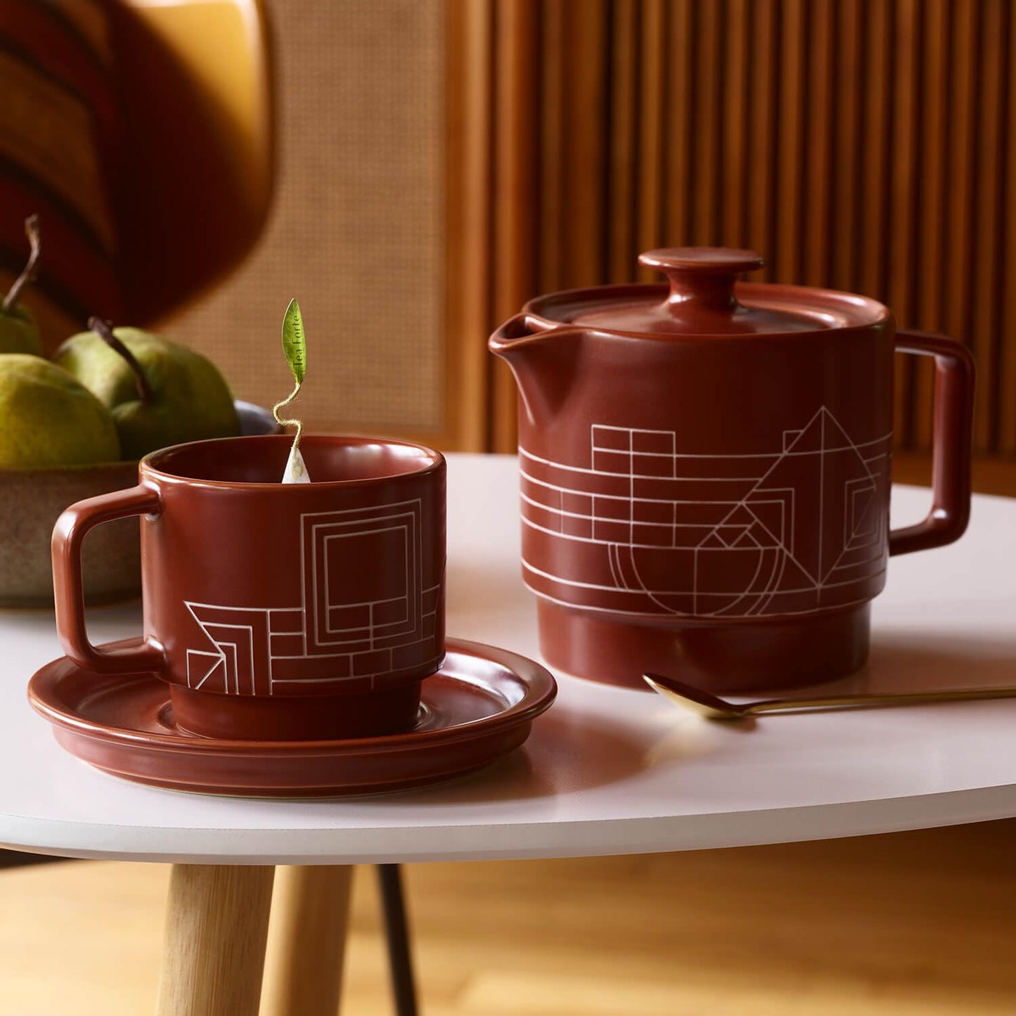 Tea Forte Ceramic Teapot with Removable Stainless Steel Infuser Basket and Lid, Steeps 24 oz. Loose Leaf Tea, Dishwasher & Microwave Safe, Gifts for Mom, Terra - Frank Lloyd Wright