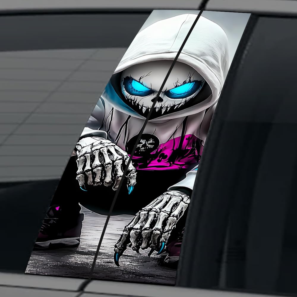 2 Pack Horror Child Killer Sticker,Spider Wolf Car Center Pillar Decals,Scary Car B-Pillar Stickers Door Window Posts Trim 11in*18.89in (Skull Child)