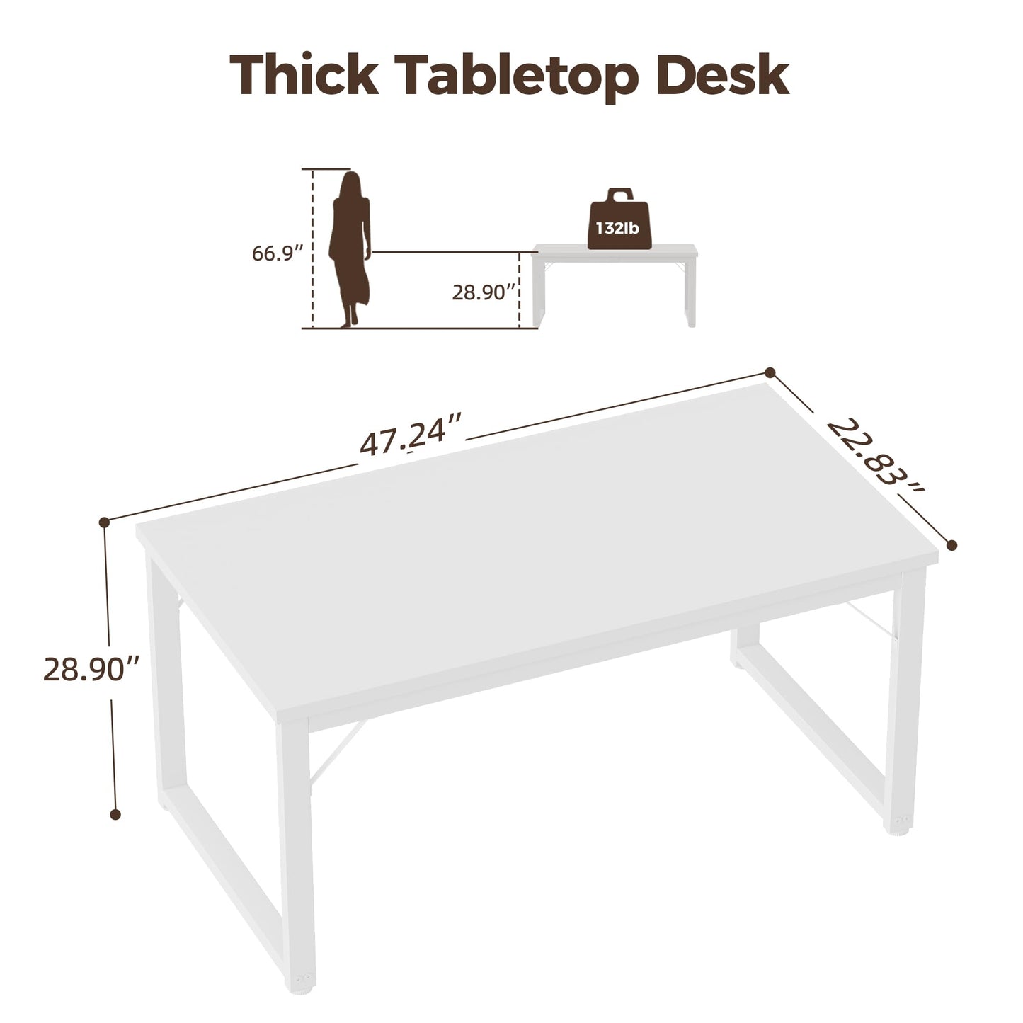 Mericonia 48 Inch Computer Desk, 1" Thick Heavy Duty Industrial Office Desk, Modern Simple Study Writing Table for Home Office Bedroom Workstation, White