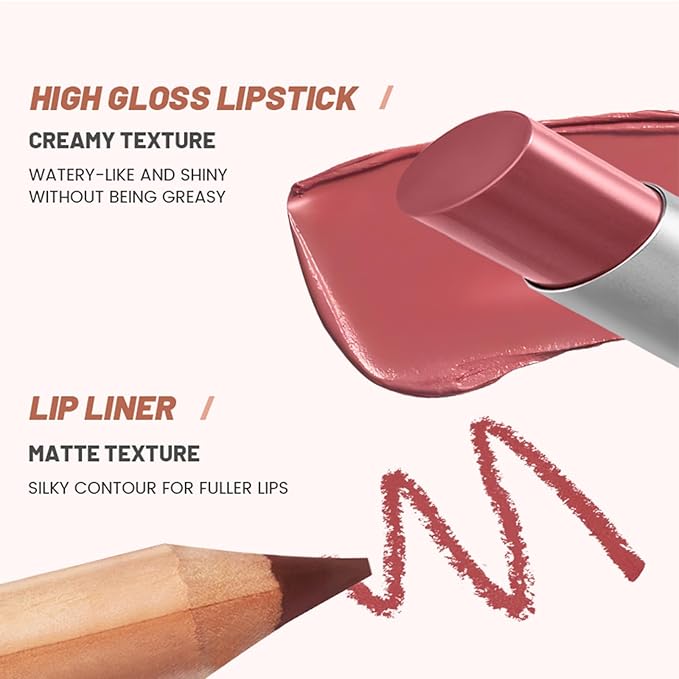 Erinde 2pcs Lip Liner and Lipstick Combo Set, Matte Lipliner Pencil & Hydrating Lip Gloss Makeup Kits for Women, Waterproof, Long Lasting, Highly Pigmented, Nude Brown Natural Lipstick, 03