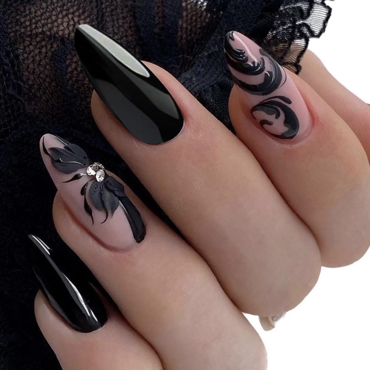 Black Press on Nails Medium Almond Fake Nails Lace Flower Acrylic Nails with Rhinestone Designs Glossy Artificial False Nails Full Cover Glue on Nails Press on for Women Manicure 24Pcs