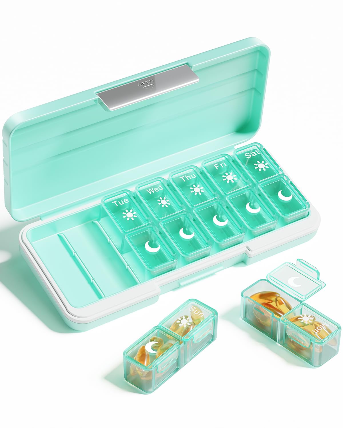 AM PM Pill Organizer 2 Times A Day, 7 Day Pill Box Weekly Pill Organizer Travel with Separate Container, Portable Daily Medicine Planner Dispenser Case for Vitamin, Fish Oils, Supplements（Green）