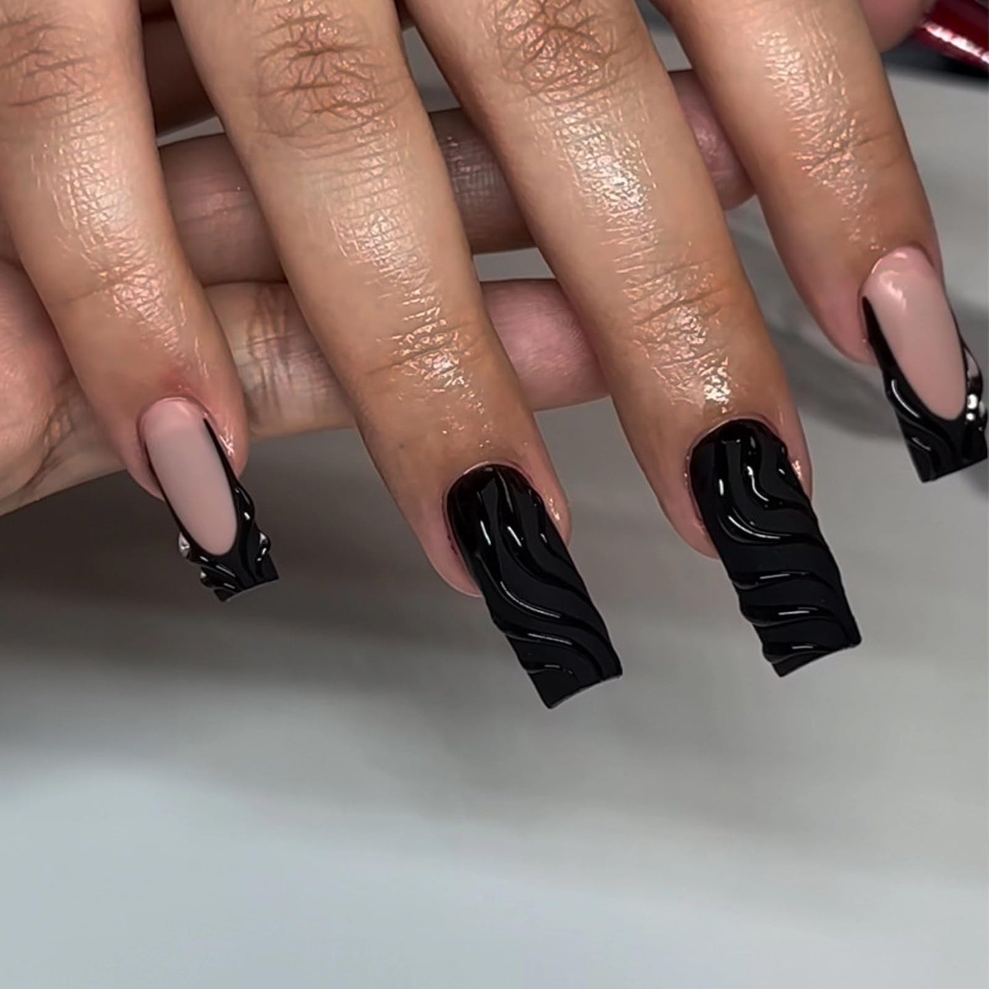 MISUD Press on Nails - Long Square Glue on Nails with Matte Black French Tip, Acrylic Handmade 3D Gel Design 24 pcs