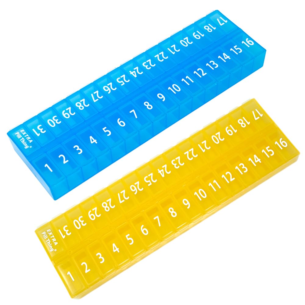 AM PM 31 Day Once-a Day Monthly Pill Planner Organizers - Large Compartment Pill Boxes Store Medications for Entire Month Plus Compartment for Extra Pills (AM/PM Yellow & Blue) BPA Free