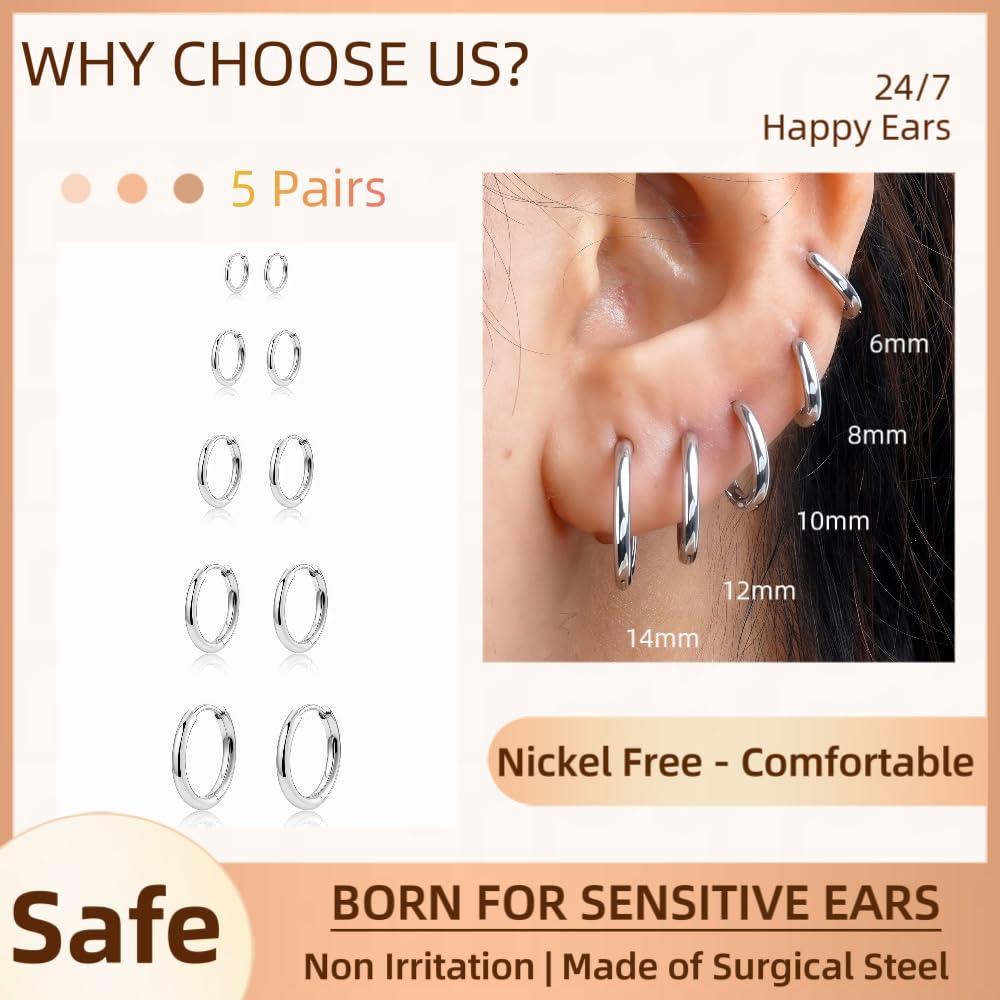5 Pairs Small Silver Huggie Hoop Earrings Set Women Cartilage Earrings Hypoallergenic Lightweight Stainless Steel Earrings 2nd 3rd Hole Cute Multiple Piercing Stack Jewelry Trendy Gift