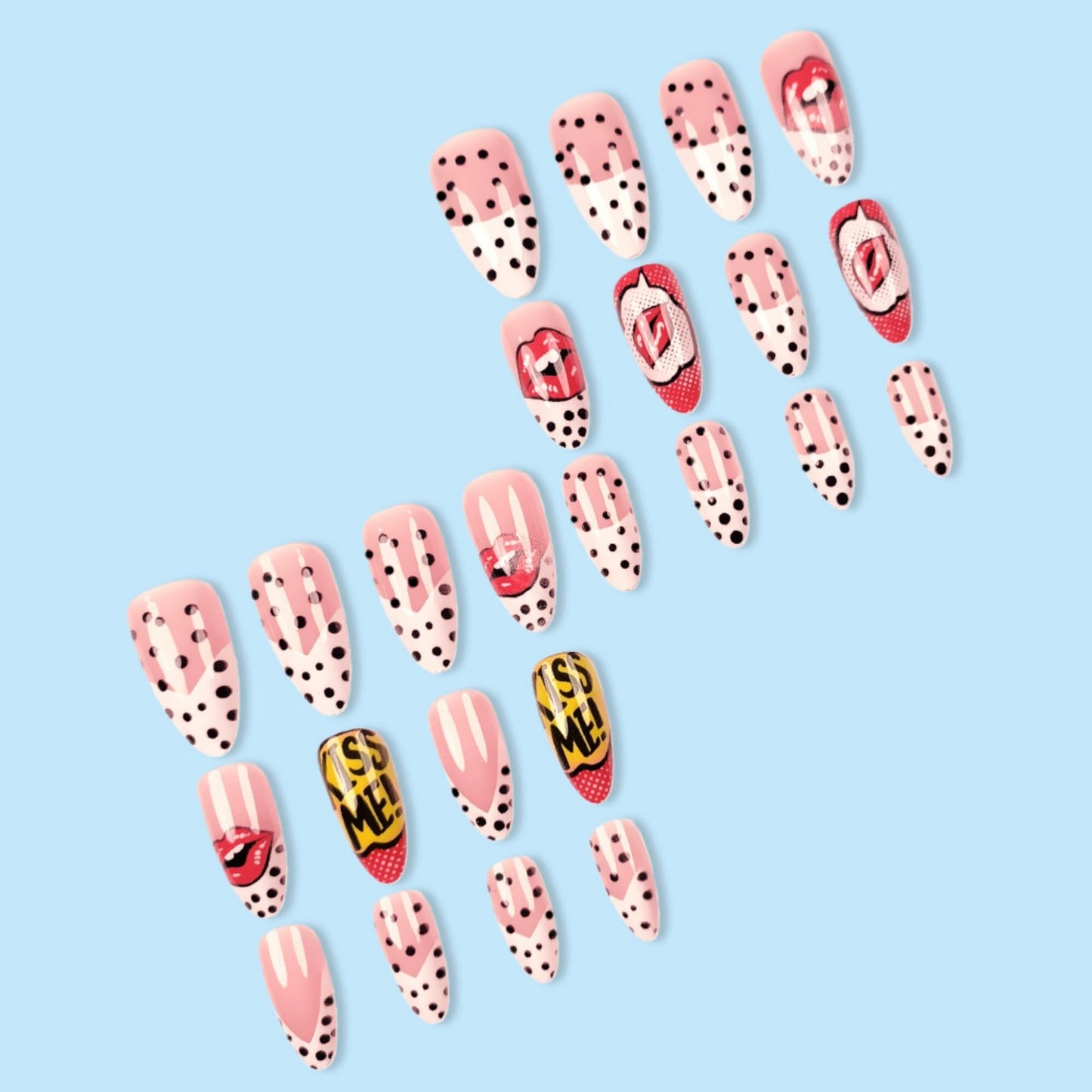 octoswave Long Almond Press on Nails with Romantic Red Lips and Polka Dots Design, Glossy Acrylic Fake Nails for Women Party and Date Night Styling, 24Pcs