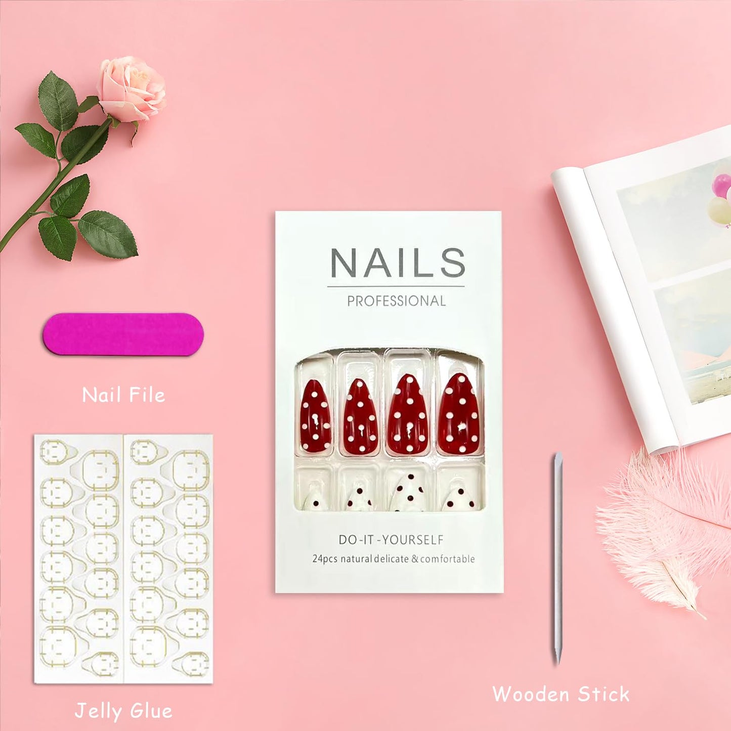 Red White Polka Dots Press on Nails Medium Almond Fake Nails Glossy Full Cover Acrylic Glue on Nail for Women