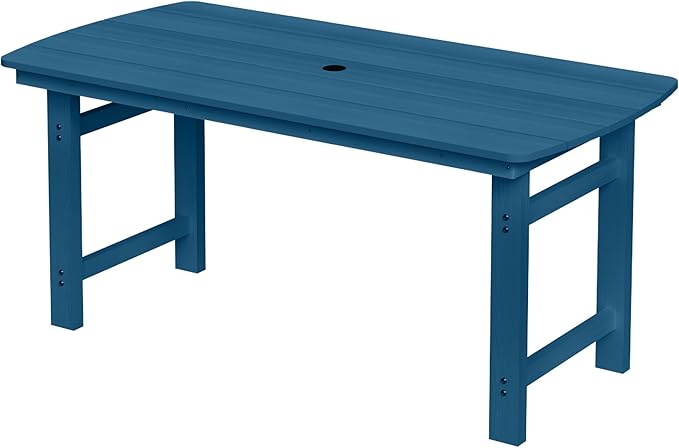 Outdoor Rectangle Dining Table, Heavy-Duty HDPE Table for 6, Weatherproof Patio Table with Umbrella Hole, Rounded Corners for Safety, Navy Blue