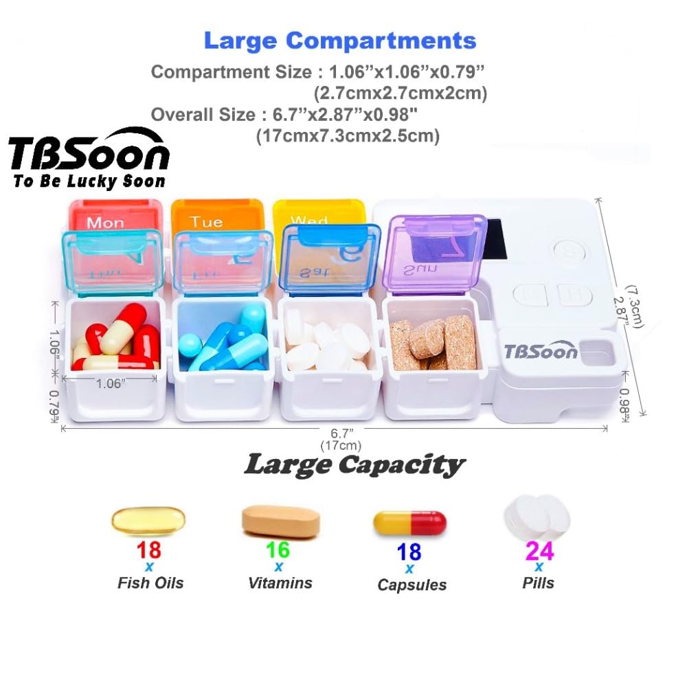 7 Day Medicine Pill Organizer, 4 Reminder Alarms, Loud Sound, 7 Large Compartments, Large Screen, Moisture-Proof, Dust-Proof, Travel Weekly/Daily Pill Box/Organizer/Case/Container/Dispenser, TBSoon