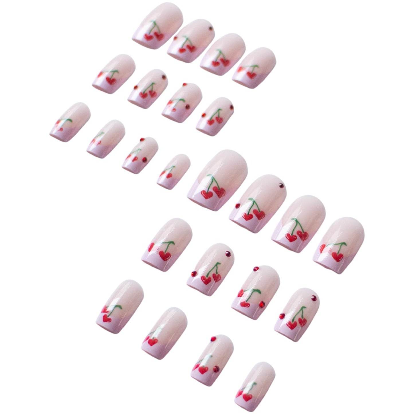 24pcs French Cherry Press-On Nails Short Square False Nails Red Cherry Heart Ruby Design Acrylic Glossy Red Rhinestone Nails for Valentine's Women's Nail Decoration