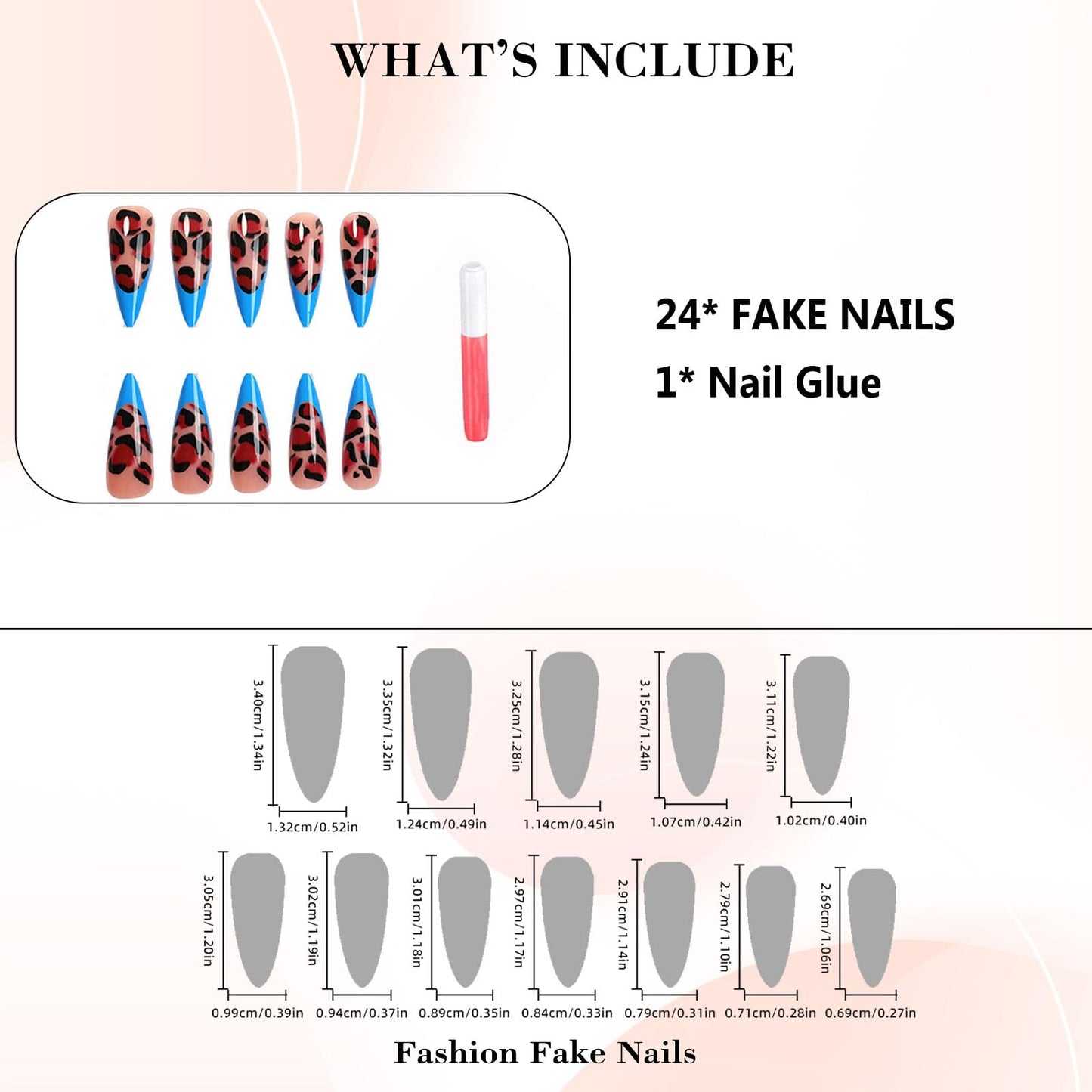 IMRAIN Press on Nails Long Stiletto Fake Nails Brown Leopard Print Acrylic False Nails with Blue French Nail Tips Designs Full Cover Glossy Acrylic Glue on Nails 24Pcs