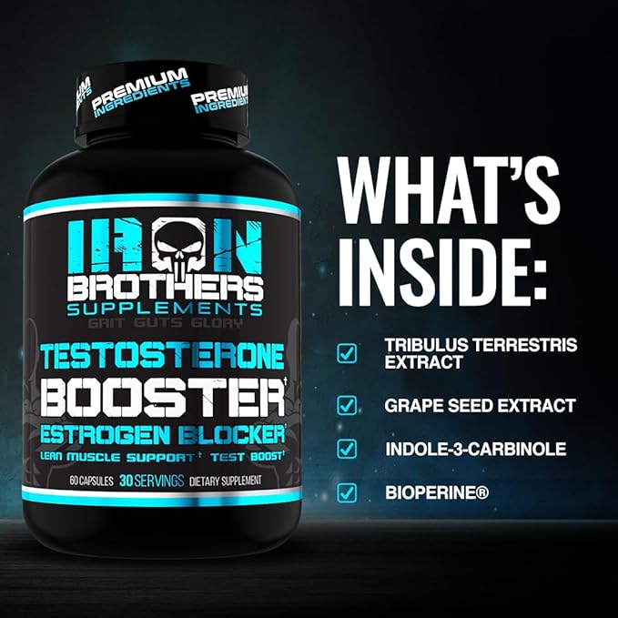 Testosterone Booster for Men with Estrogen Blocker - Natural Anti-Estrogen Supplement to Increase Libido & Strength - Boost Muscle Growth & Weight Loss - Indole 3 Carbinol & Tribulus -60 Capsules