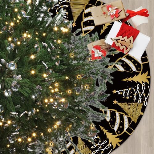 Black Gold Christmas Tree Skirt, 48 Inch Xmas Trees Glistening Snow Crystal Tree Cover Holiday Home Decoration for Seasonal Celebrations, Winter Gathering Interior Decor