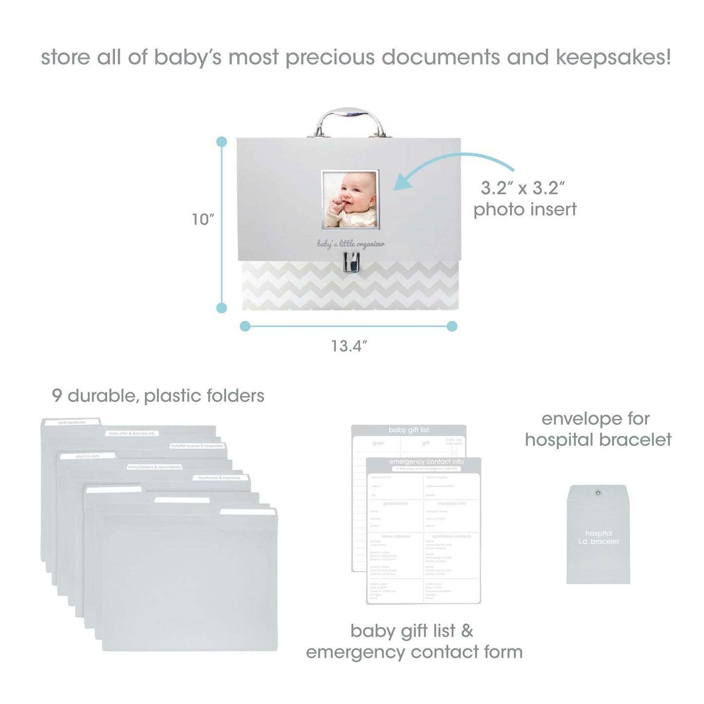 Pearhead Baby Briefcase and Document Organizer, All In One Expanding File Folder, Baby's Paperwork and Records, Newborn Keepsake and Memory Box with Labels, Baby Girl or Baby Boy Gift, Gray Chevron