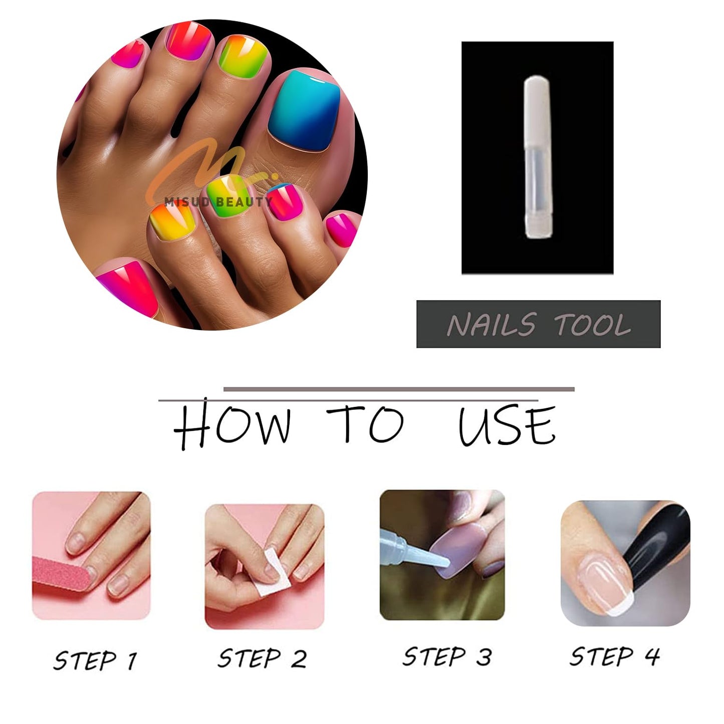 MISUD Press on Toenails - Fake Toe Nails with Colorful, Acrylic Toenail Rainbow Ombre Design 24 pcs