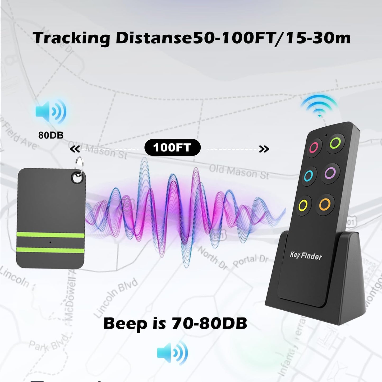 High-Volume Key Finder and Item Locator with RF Technology: 85dB+ Sound, 131ft Range, Wireless Remote Control, 6Receivers with Rings for Wallet, Keys, Pets and More