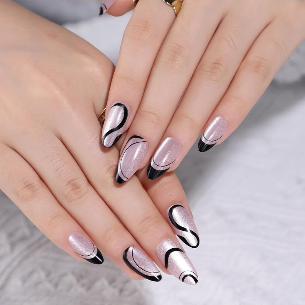 WAFOLOZE Press On Nails Long Almond Fake Nails Holiday Nail Press Ons With Simple Black Lines Cat's Eye Design, Artificial False Nails Stick On Nails for Women-30Pcs