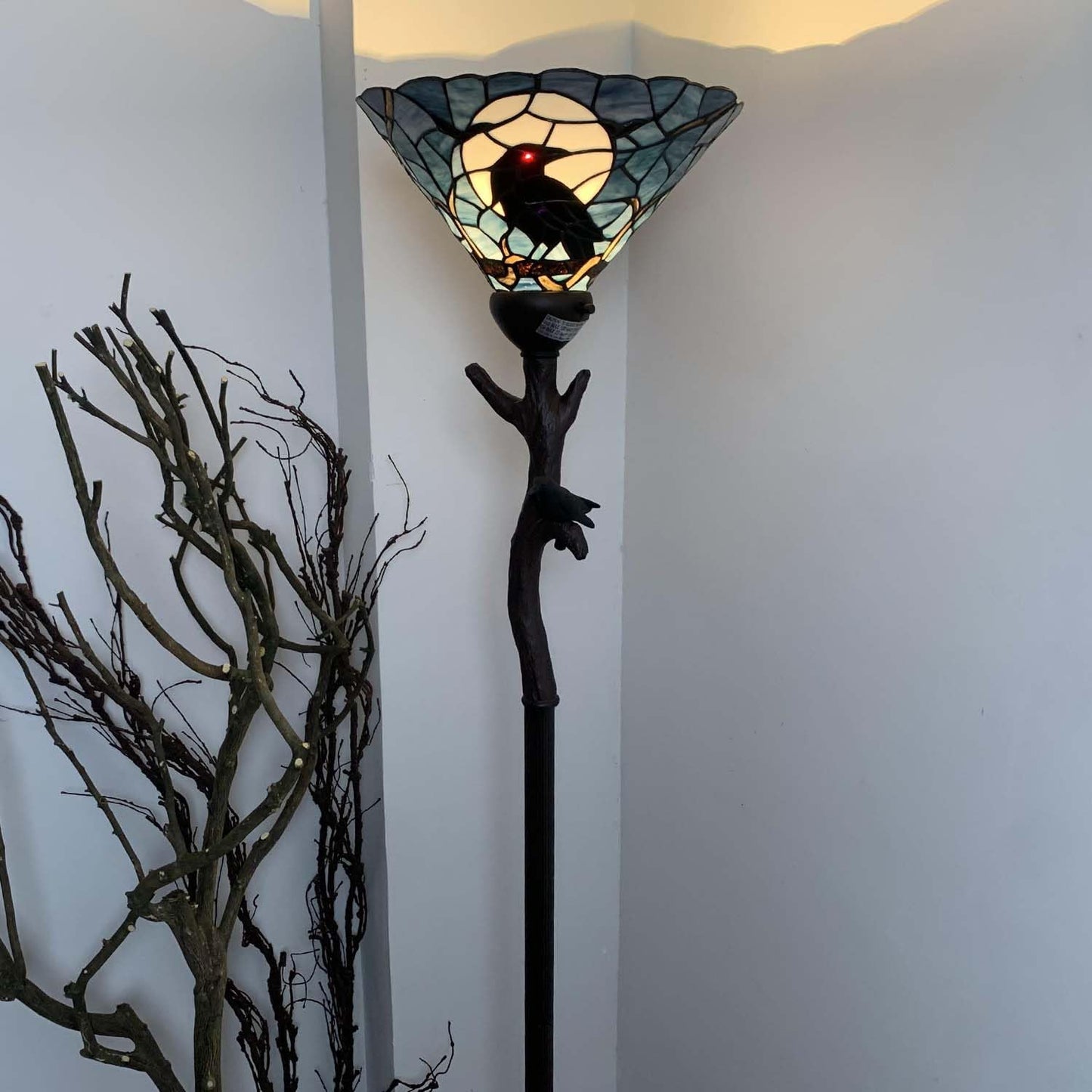 Bieye L10959 Raven Sitting on Bare Tree Branch in Full Moon Night Tiffany Style Stained Glass Torchiere Floor Lamp for Halloween Decor (Dark Blue)