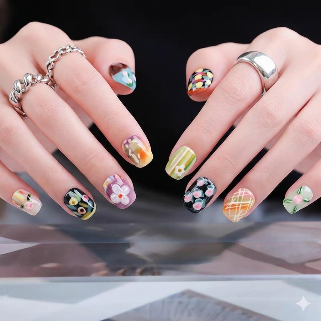 Fine Point Short Handmade Press On Nails – 10PCS Floral & Artistic Design Set, Reusable Acrylic Nail with 3D Art, Salon-Quality Nails for Weddings | Whispering Garden (Size Medium)
