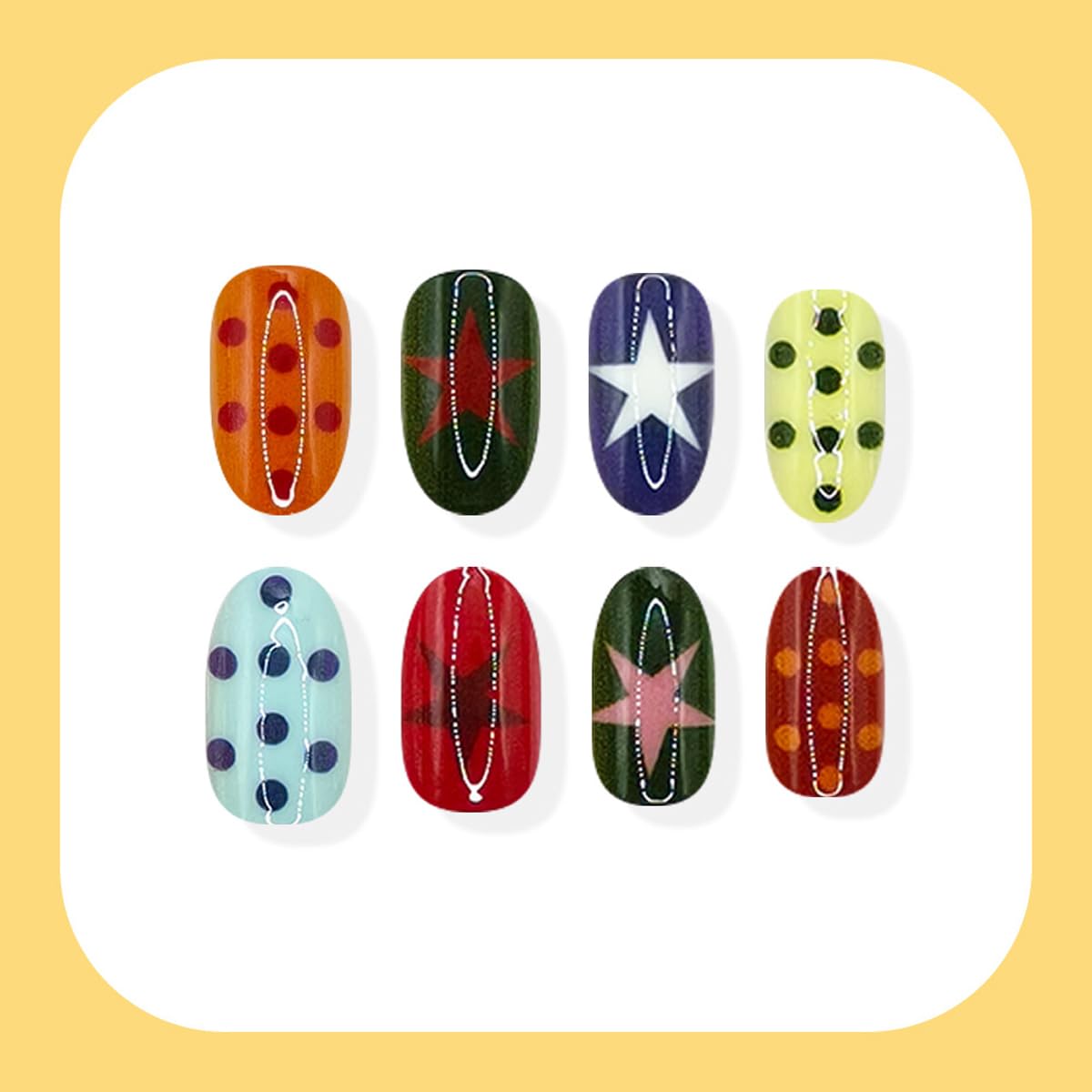 HPYFOI Press on Nails Short Oval Fake Nails Summer Nails Press ons with Colorful Polka Dots, Star Design,Y2k Reusable Artificial Nail Full Cover Glue on Nails for Women Manicure 24Pcs
