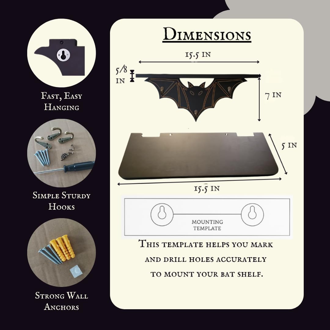 Gothic Bat Shelf Wall Decor with Hooks - Valentines Spooky Goth Themed Gifts for Adults Women with Bat Stickers - Black Floating Shelf for Bedroom Living Room - Unique Vampire Room Lovers Accessories
