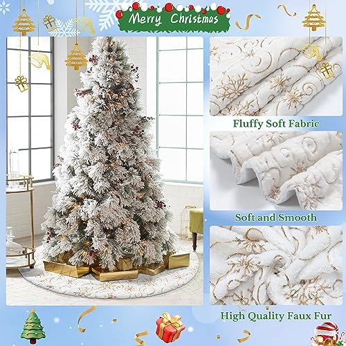 Dremisland Christmas Tree Skirt 36In White&Gold Tree Skirt with Snowflake