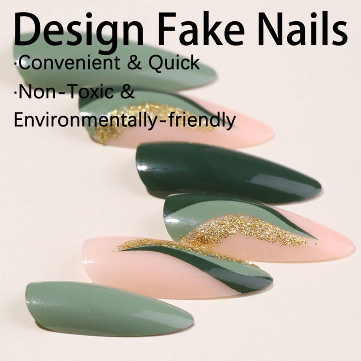 CTTHNBD Press on Nails Green - Medium Almond Fake Nails with Gold Foil Design - Christmas, Glossy Full Cover Stick on Nails - for Women 24 Pcs